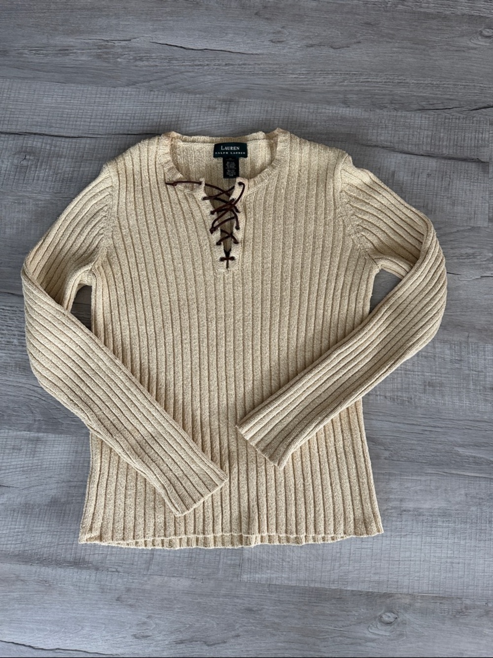Lauren Ralph Lauren cream Ribbed Lace-Up Sweater size medium silk-linen
